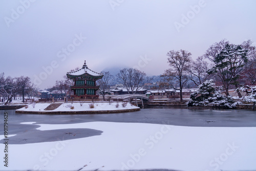 Wallpaper Mural Snow during winter. Pavilion.  Palace, Is one of the most popular tourist attractions in South Korea. Torontodigital.ca