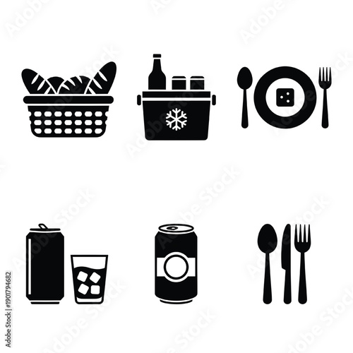 Food and dining icon set with bread basket, cooler box, plate with utensils, beverage can and glass, minimalist black silhouette symbols for restaurant and catering
