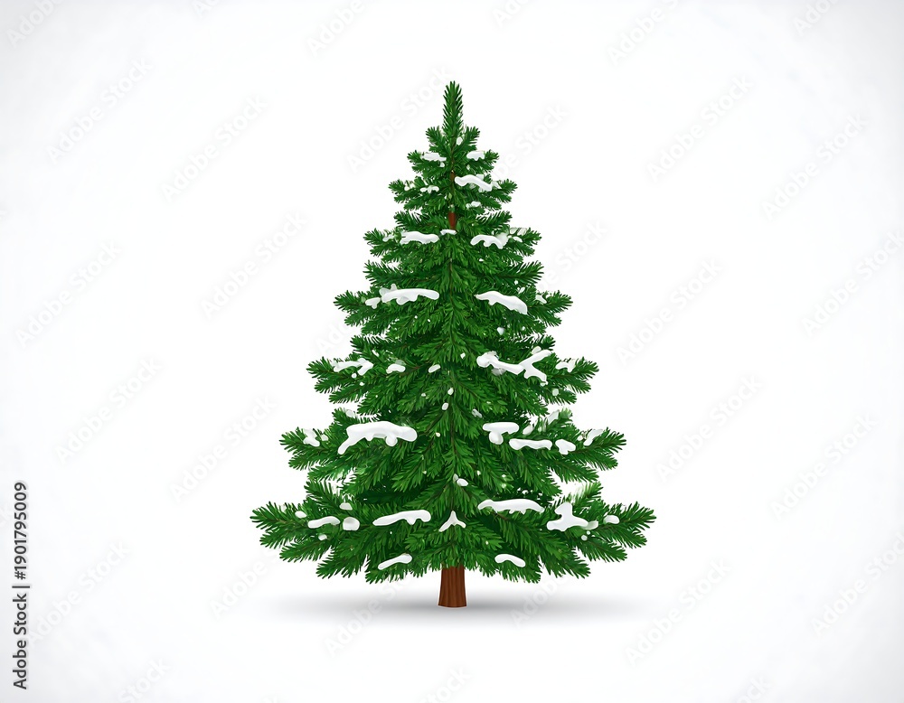Fototapeta premium A green coniferous tree with a brown trunk on a white background