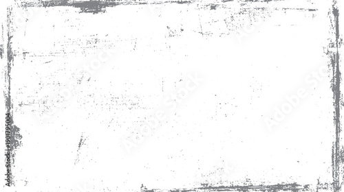 Distressed grey grunge border with scattered speckles on white background. Textured frame with rough edges and weathered appearance. Abstract background