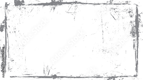 Grey distressed grunge border with scattered speckles and scratches on white background texture