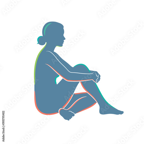 Silhouette of a woman sitting with knees drawn up.