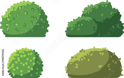 Set of stylized green garden shrubs and topiary bushes with lush foliage isolated on grey background for landscape design