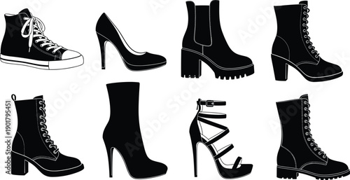 Set of eight women fashion footwear icons including high heels, boots, sneakers, and sandals, black silhouettes isolated on white background vector illustration collection