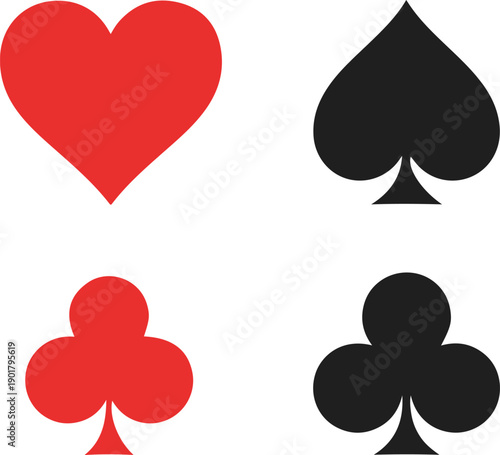 Playing card suits heart, spade, club, diamond symbols vector icons