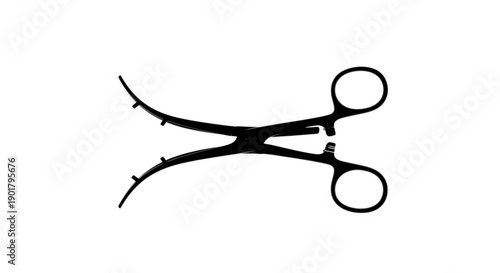 A pair of surgical scissors depicted in a simple black illustration on a white background