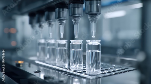 Automated laboratory arms carefully handling transparent vials within an enclosed biosafety cabinet Sharp reflections emphasize sterile containment and