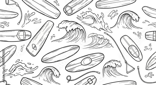 Surfing Action, Waves and Surfboards, Coastal Beach, Illustration, Oceanic Environment, Aerial View, Adventure Concept
