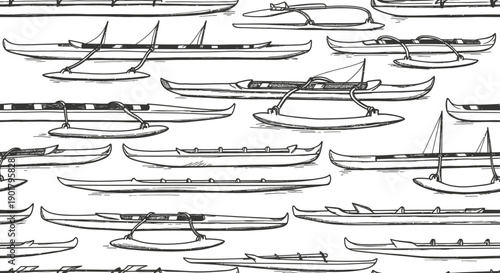 Artistic Illustration of Traditional Canoes, Nautical Vessels, Ocean, Graphic Design, Minimalist Style, Top View