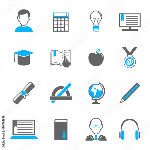 Simple grey and blue education icon set. Academic symbols including calculator, lightbulb, book, and graduation cap for school and learning design.