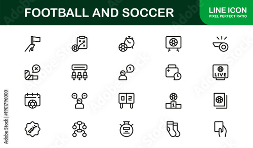 Football and Soccer Professional Line Icon Set, Modern Minimalist Vector Collection Featuring Unique Sports Elements, Equipment, and Game Symbols