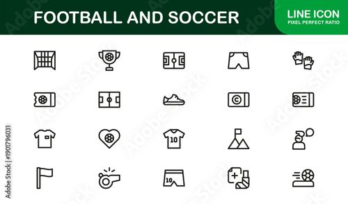 Football and Soccer Professional Line Icon Set, Modern Minimalist Vector Collection Featuring Unique Sports Elements, Equipment, and Game Symbols