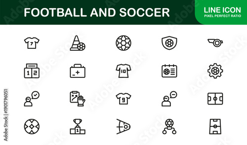 Football and Soccer Professional Line Icon Set, Modern Minimalist Vector Collection Featuring Unique Sports Elements, Equipment, and Game Symbols