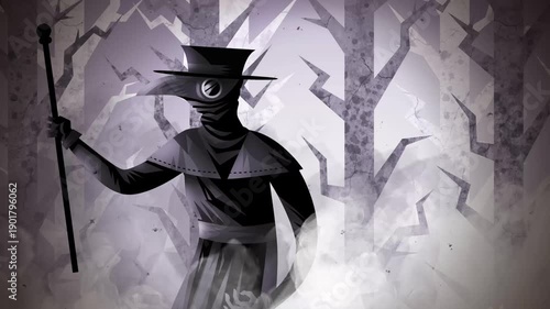 plague doctor walking through a dark foggy forest