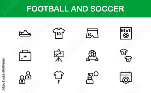 Football and Soccer Professional Line Icon Set, Modern Minimalist Vector Collection Featuring Unique Sports Elements, Equipment, and Game Symbols