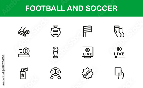 Football and Soccer Professional Line Icon Set, Modern Minimalist Vector Collection Featuring Unique Sports Elements, Equipment, and Game Symbols
