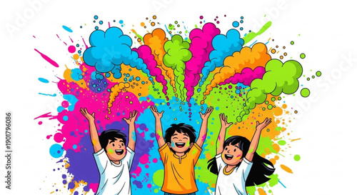Children celebrating with colorful powder explosions joyful Holi festival concept vibrant illustration for festive events