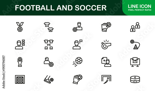 Football and Soccer Professional Line Icon Set, Modern Minimalist Vector Collection Featuring Unique Sports Elements, Equipment, and Game Symbols