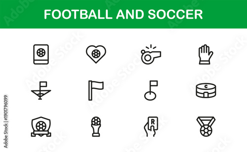 Football and Soccer Professional Line Icon Set, Modern Minimalist Vector Collection Featuring Unique Sports Elements, Equipment, and Game Symbols