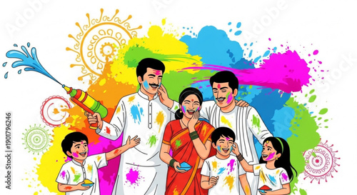Indian family celebrating Holi festival with colorful powder and water guns joyful cultural tradition vector illustration on white backg