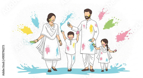 Happy Indian family celebrating Holi festival with colors joyful outdoor activity traditional clothing vector illustration on white back