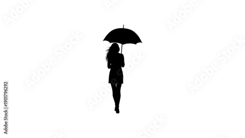 A black silhouette of a slender woman standing and holding an open umbrella.