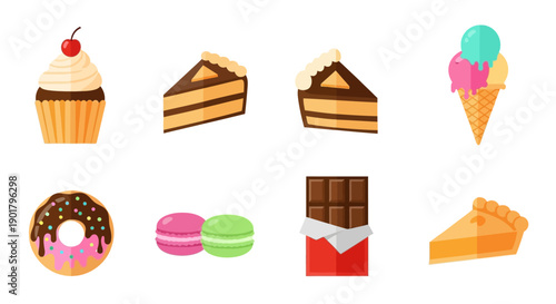 A collection of colorful desserts illustrated in a minimalist style on a white backdrop