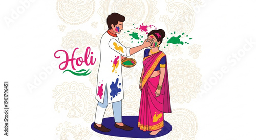Couple celebrating Holi festival applying colors to each other Indian culture concept vector illustration