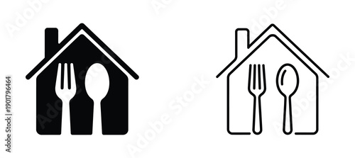 Home with spoon and fork icon, Homemade food concept, House cooking logo. Black and white house icons with utensils for food and dining concepts.  Vector illustration
