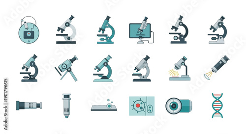 A collection of illustrated scientific instruments and research-related icons on white