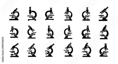 A collection of stylized black microscope silhouettes representing scientific investigation