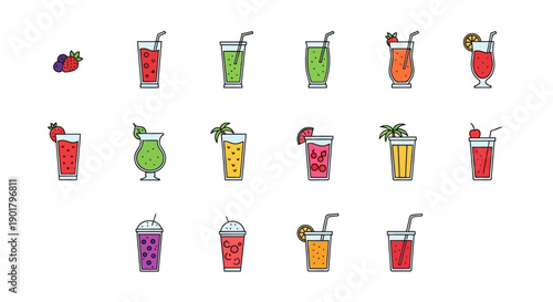 Illustrated drinks and smoothies in glass, flat vector illustration isolated on white