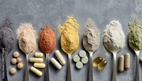 A visually striking arrangement of colorful powdered herbs and supplements on spoons, highlighting health and wellness.