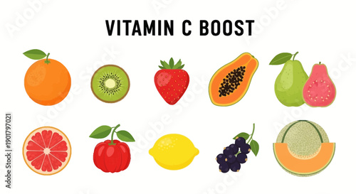 A white background displays ten illustrations of fruits rich in Vitamin C