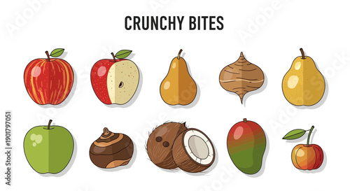 Cartoon illustrations of ten crunchy fruits and root vegetables under the title CRUNCHY BITES