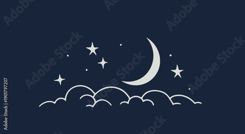 A serene, minimalist line art illustration beautifully captures a glowing crescent moon and twinkling stars above soft clouds against a deep blue night sky.