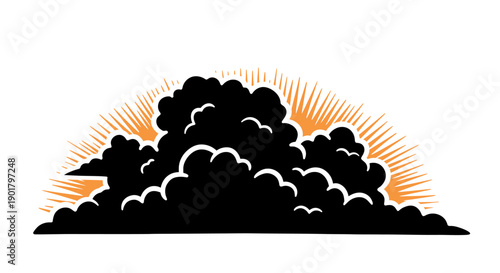A stylized graphic illustration depicts a silhouette of dark, heavy clouds dramatically backlit by a vibrant, radiating orange sun, conveying powerful weather.