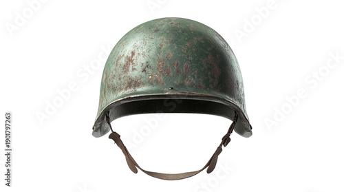 Old, weathered military helmet with rust and scratches, showing signs of battle and history.