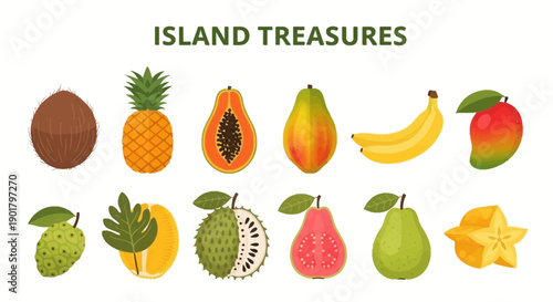 Graphic collection of tropical fruits titled Island Treasures featuring ten varieties