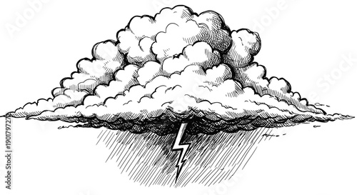 A dramatic hand-drawn illustration captures a powerful storm cloud unleashing a bolt of lightning and heavy rain, symbolizing intense weather.