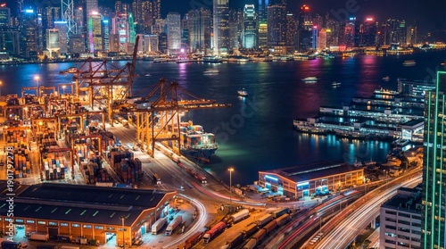 Vibrant night time port scene with cargo city