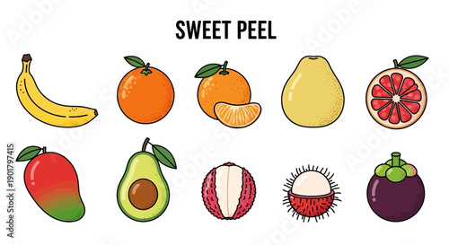 Illustration of ten different fruits arranged in two rows under the title SWEET PEEL