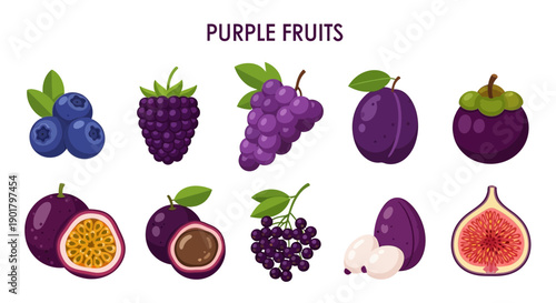 Illustration of ten different purple fruits arranged in two rows