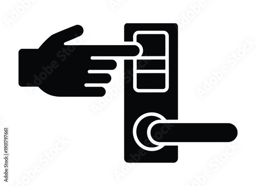 Smart digital door lock and cyber security padlock icons for home automation and data protection. Hand pressing button on modern door lock with handle. 