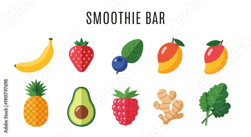 Smoothie bar ingredients graphic featuring ten illustrated items on white