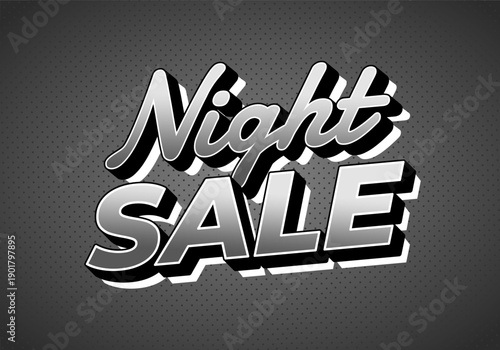 Retro black and white typography banner reading night sale on dotted dark background with bold 3d shadow effect, promotional discount concept.