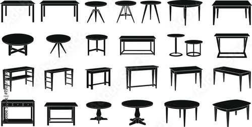 Furniture Table Silhouette Vector Collection Featuring Round Rectangular Dining Coffee and Office Desk Icons for Interior Design Layouts Architecture Planning and Home Decor Graphics