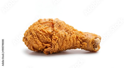 Crispy Fried Chicken Leg on a White Background from a Slightly Elevated Viewpoint