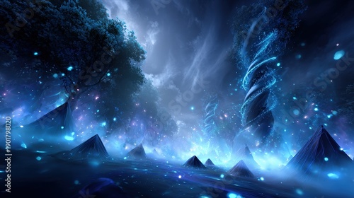 Enchanted Forest with Glowing Blue Vortex and Crystalline Structures
