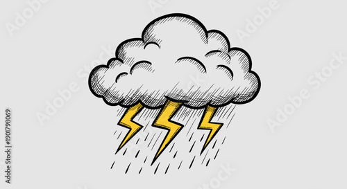 This engaging hand-sketched illustration showcases a grey storm cloud producing striking yellow lightning and pouring rain, representing turbulent weather.